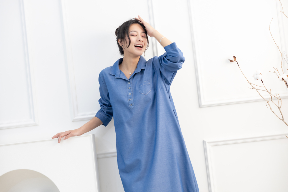 원피스 立領長袖洋裝 / 牛仔藍色