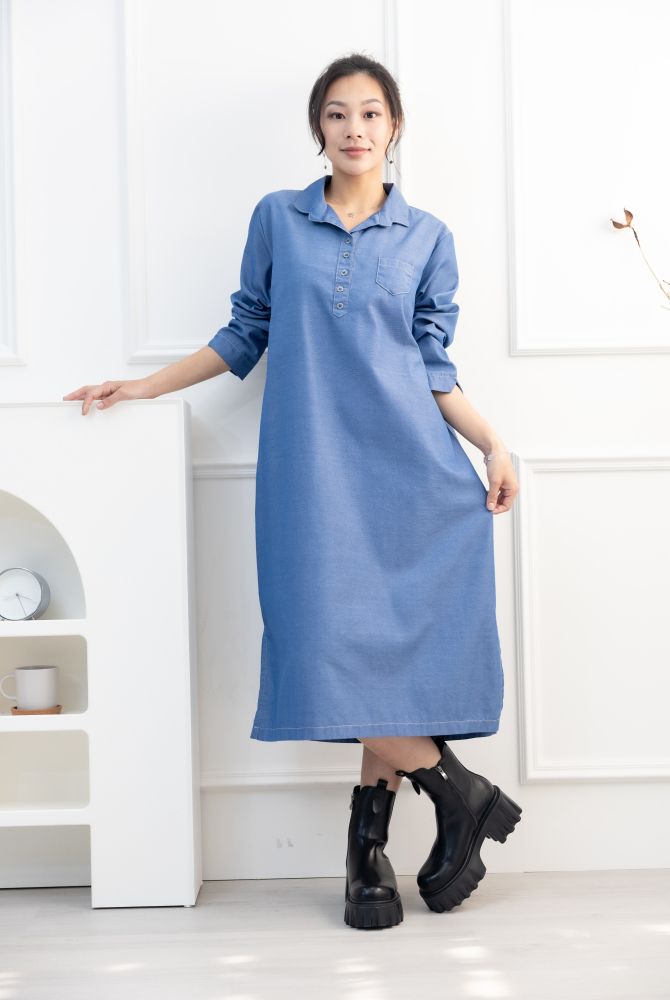 원피스 立領長袖洋裝 / 牛仔藍色