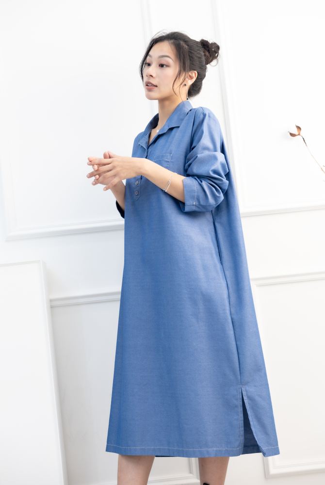원피스 立領長袖洋裝 / 牛仔藍色