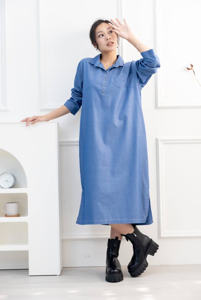 원피스 立領長袖洋裝 / 牛仔藍色