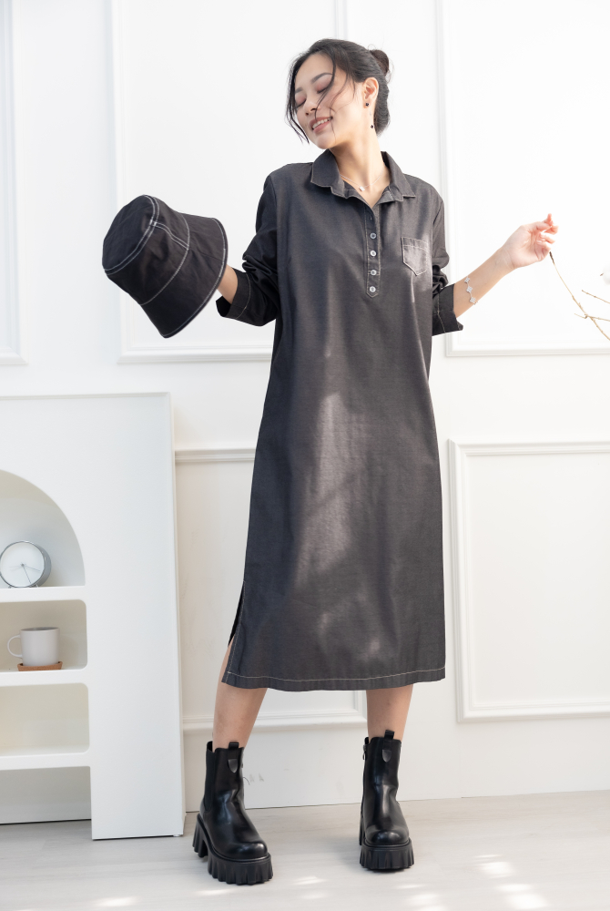 원피스 立領長袖洋裝 / 深灰色