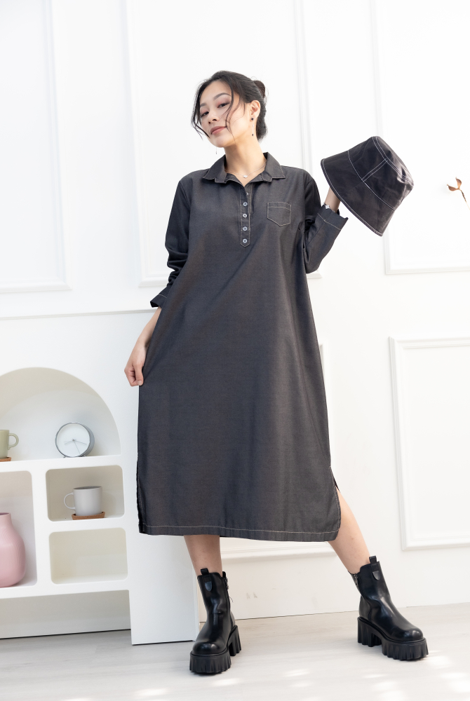 원피스 立領長袖洋裝 / 深灰色