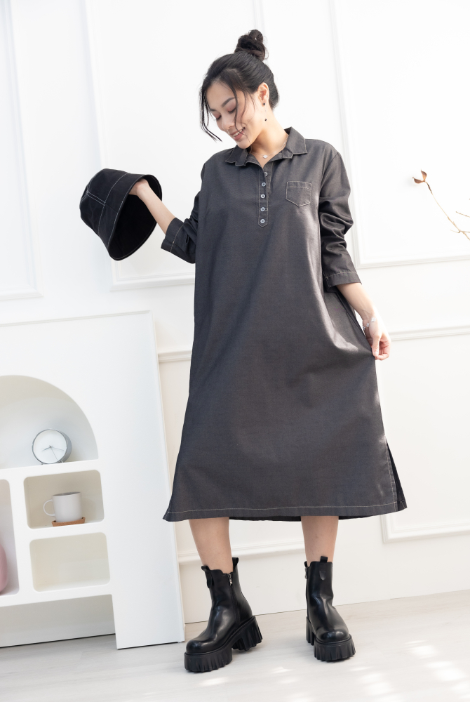 원피스 立領長袖洋裝 / 深灰色