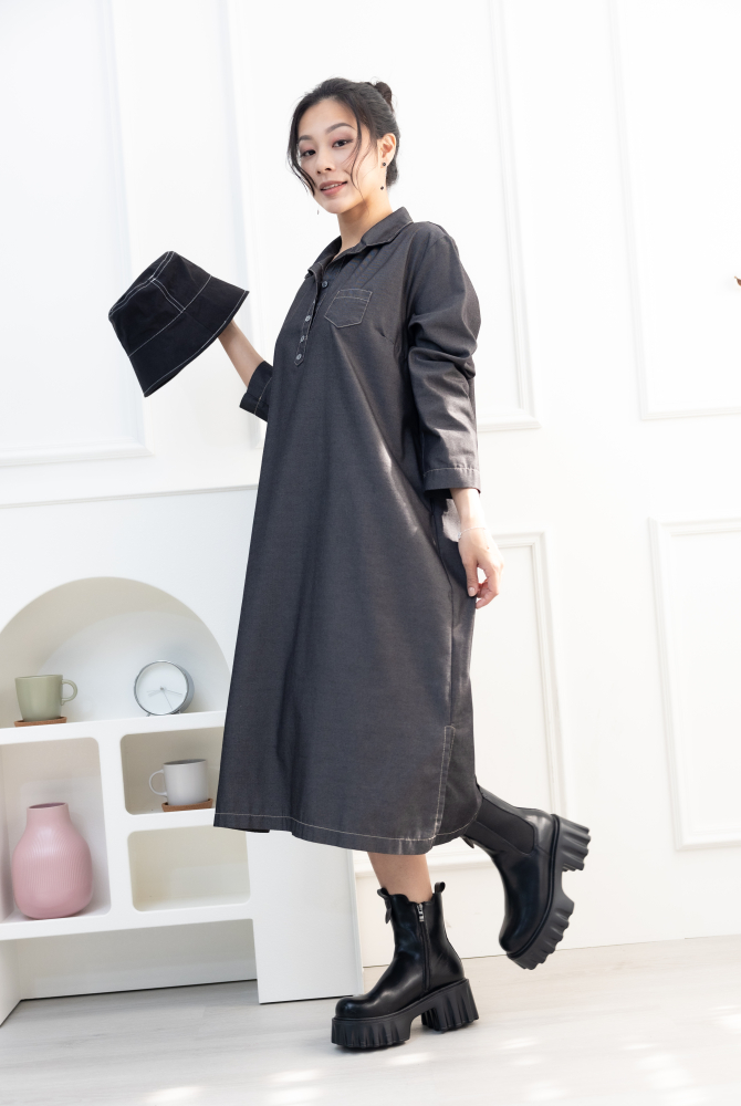 원피스 立領長袖洋裝 / 深灰色