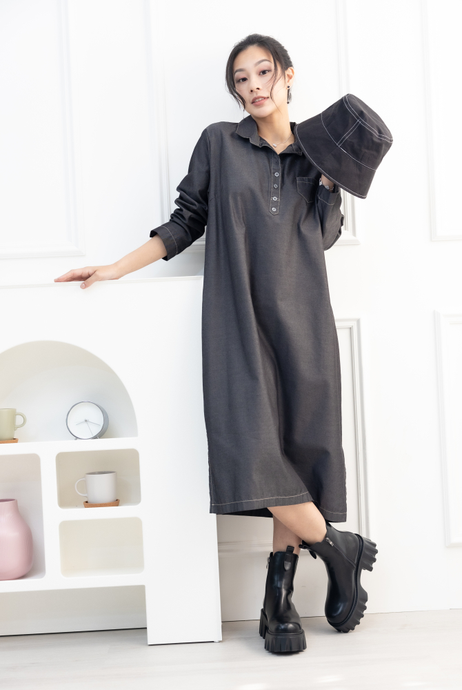 원피스 立領長袖洋裝 / 深灰色