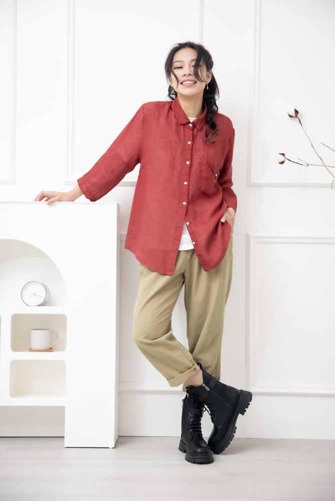 긴팔 素面造型口袋七分袖襯衫上衣 / 紅色