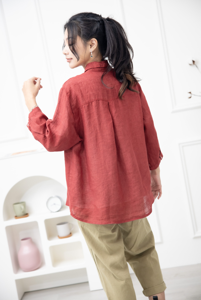 긴팔 素面造型口袋七分袖襯衫上衣 / 紅色