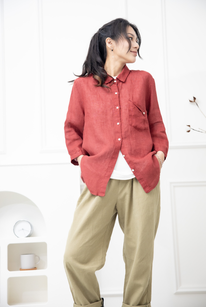 긴팔 素面造型口袋七分袖襯衫上衣 / 紅色