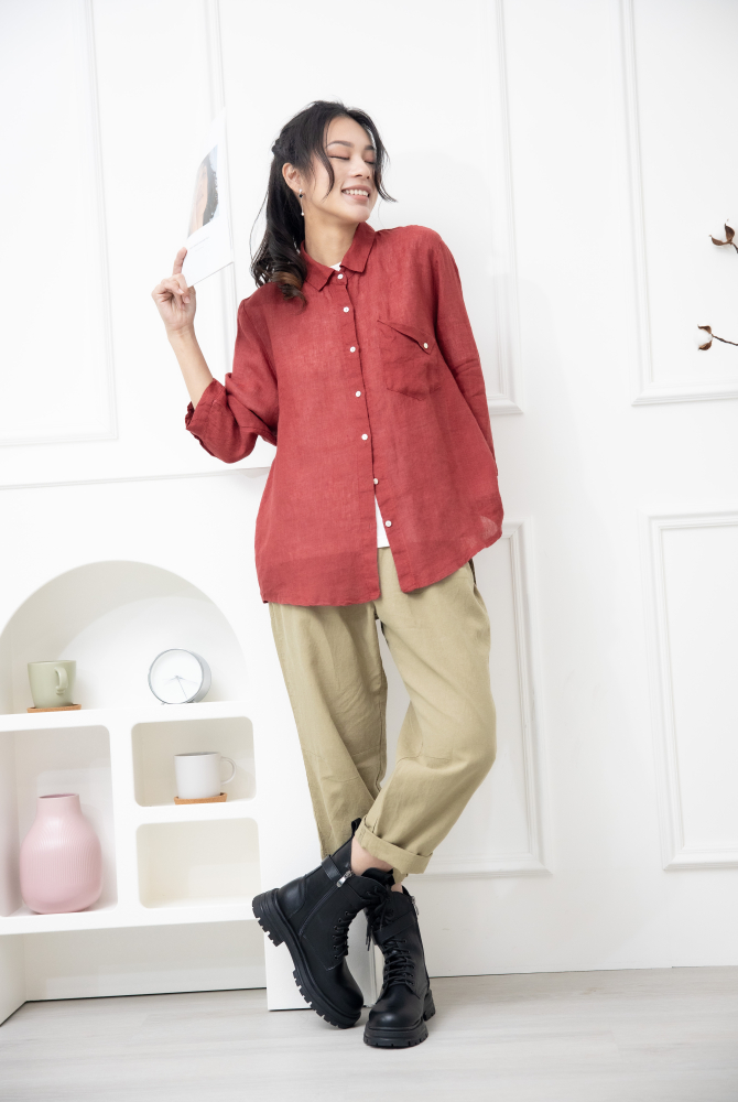 긴팔 素面造型口袋七分袖襯衫上衣 / 紅色