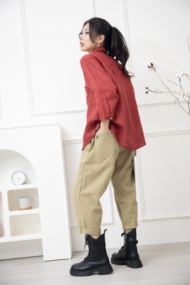 긴팔 素面造型口袋七分袖襯衫上衣 / 紅色