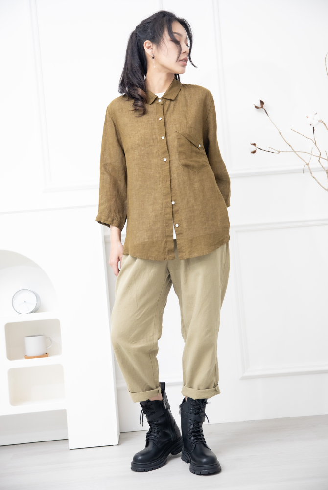 긴팔 素面造型口袋七分袖襯衫上衣 / 卡其色