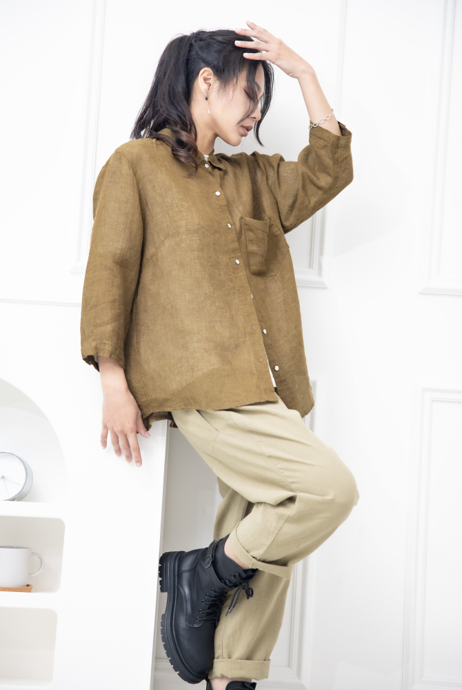 긴팔 素面造型口袋七分袖襯衫上衣 / 卡其色