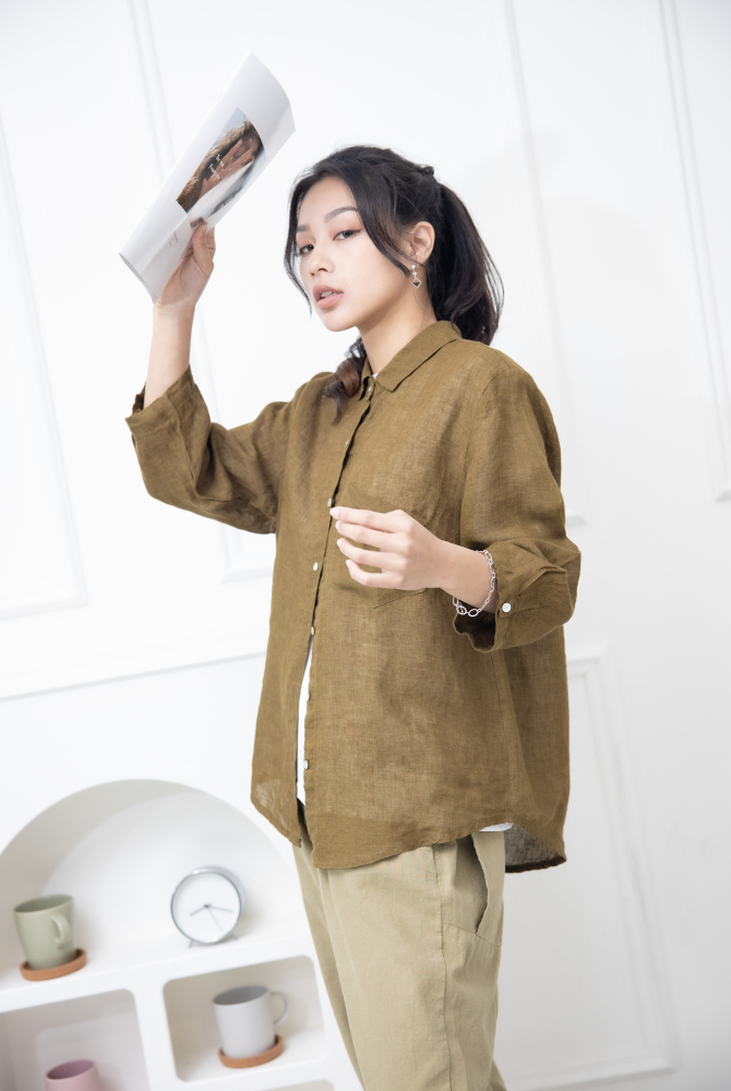 긴팔 素面造型口袋七分袖襯衫上衣 / 卡其色