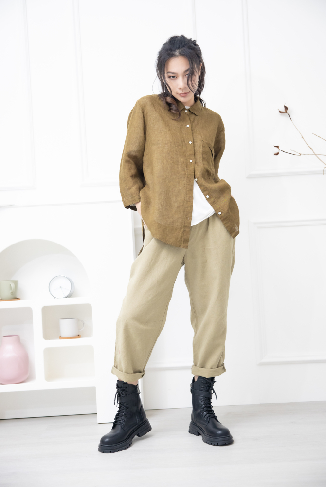 긴팔 素面造型口袋七分袖襯衫上衣 / 卡其色