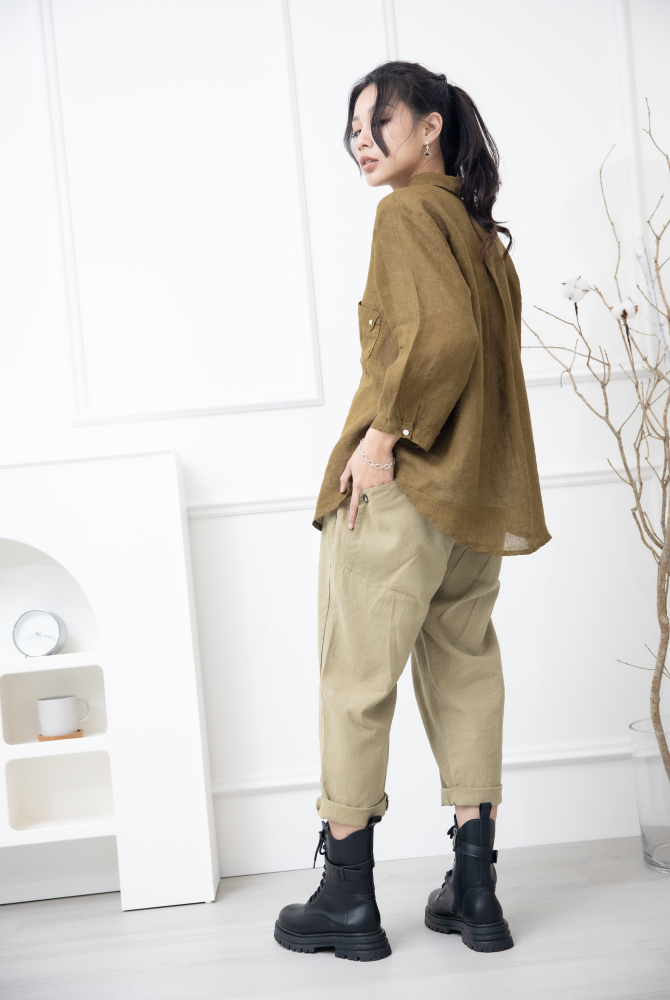 긴팔 素面造型口袋七分袖襯衫上衣 / 卡其色