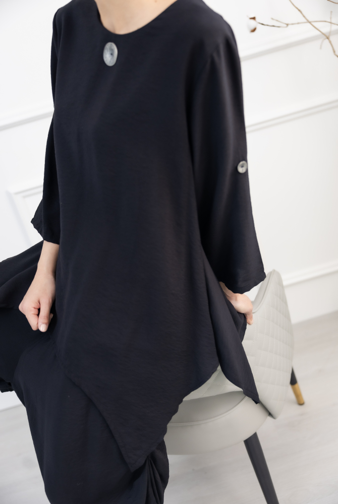 긴팔 大顆鈕扣七分袖上衣 / 黑色