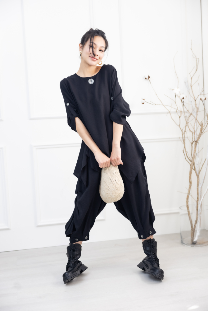 긴팔 大顆鈕扣七分袖上衣 / 黑色