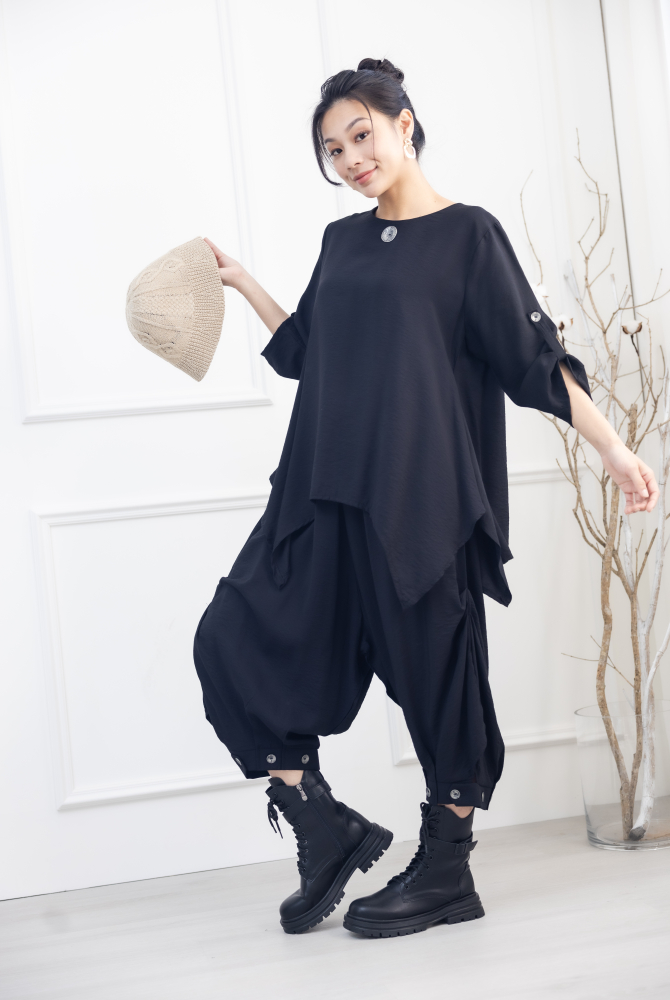 긴팔 大顆鈕扣七分袖上衣 / 黑色