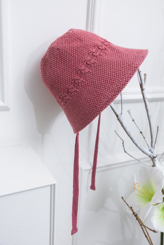 모자 兩側綁帶編織帽／淺粉色