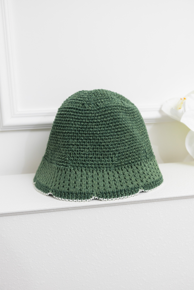 모자 帽沿花形白線圓頂帽／綠色