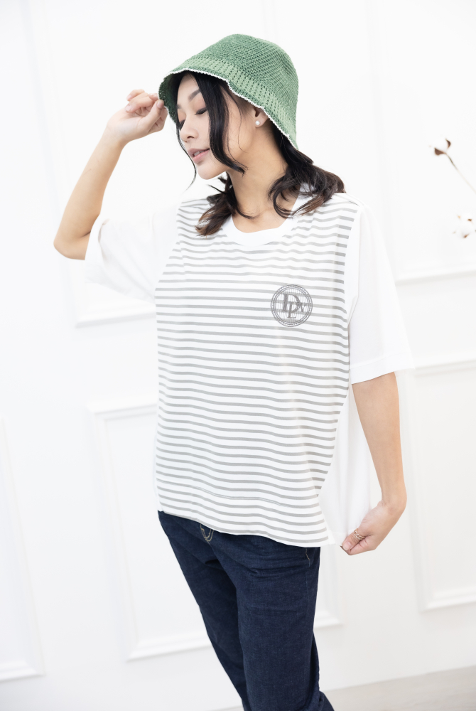 모자 帽沿花形白線圓頂帽／綠色