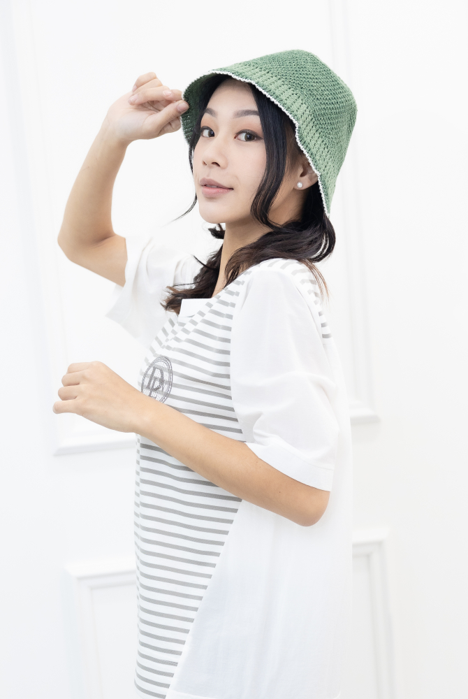 모자 帽沿花形白線圓頂帽／綠色