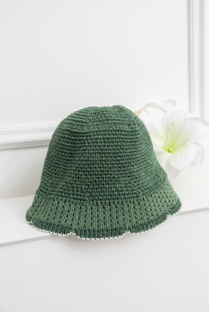 모자 帽沿花形白線圓頂帽／綠色