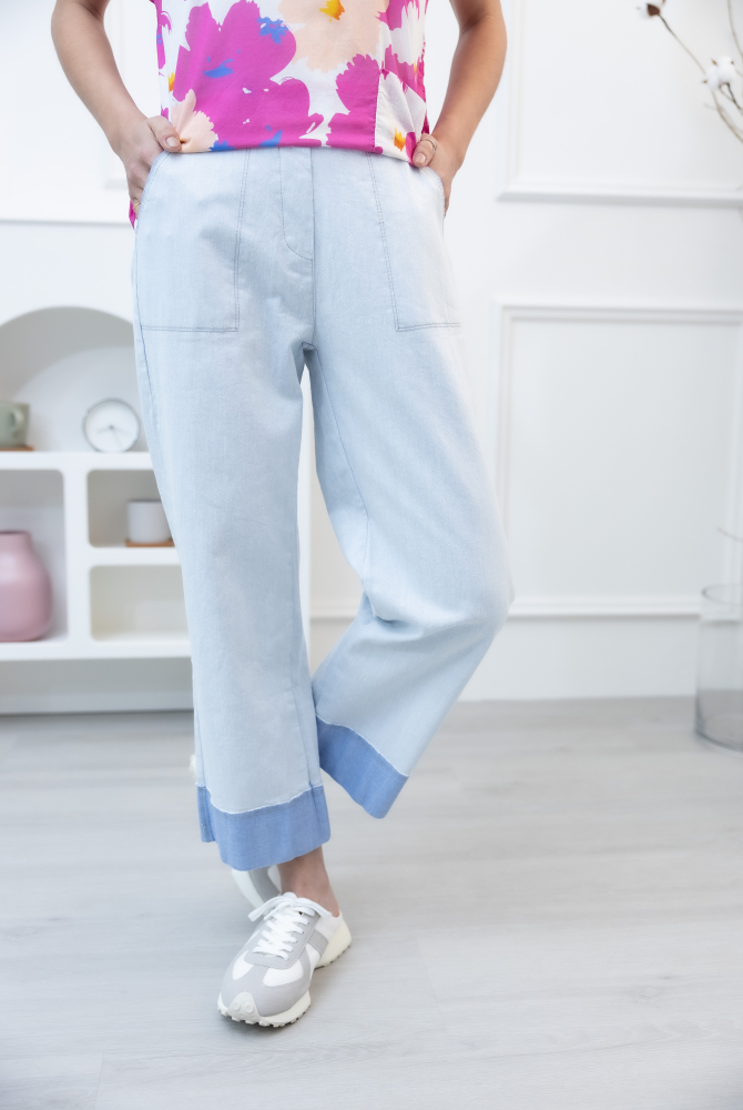 긴 바지 撞色水洗牛仔長褲 / 藍灰色