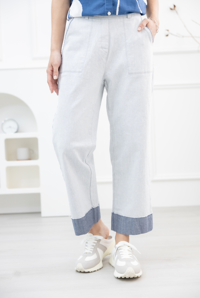 긴 바지 撞色水洗牛仔長褲 / 灰色