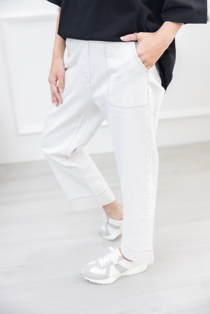 긴 바지 大口袋反摺褲腳牛仔長褲 / 水洗白