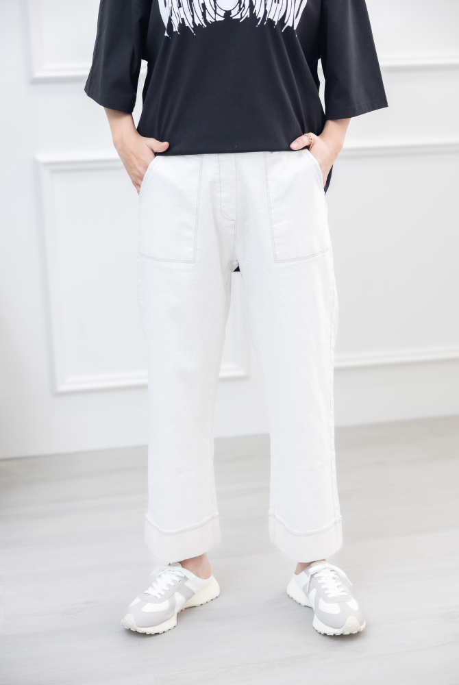 긴 바지 大口袋反摺褲腳牛仔長褲 / 水洗白