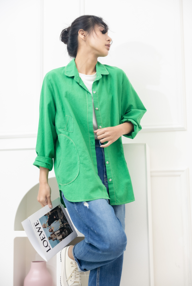 긴 바지 釘扣微刷破管牛仔褲 / 藍色