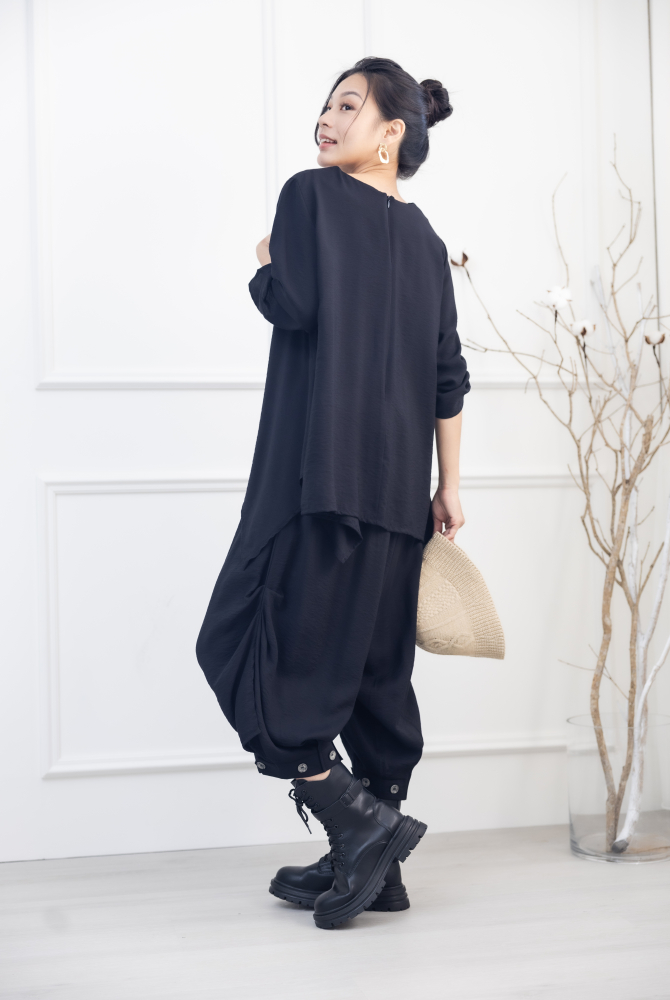 긴 바지 鈕扣褲腳長褲 / 黑色