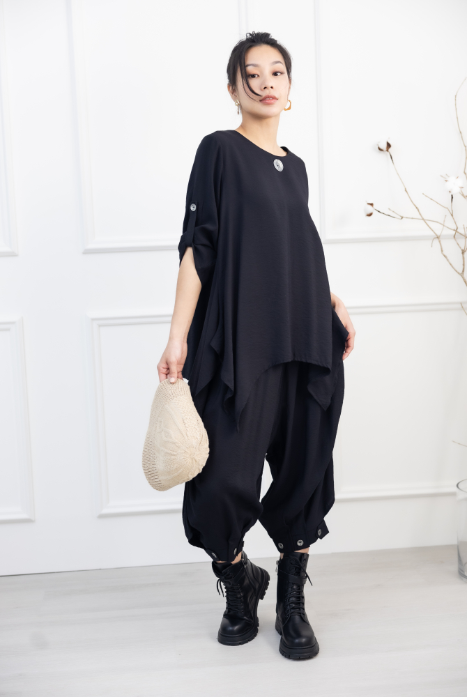 긴 바지 鈕扣褲腳長褲 / 黑色