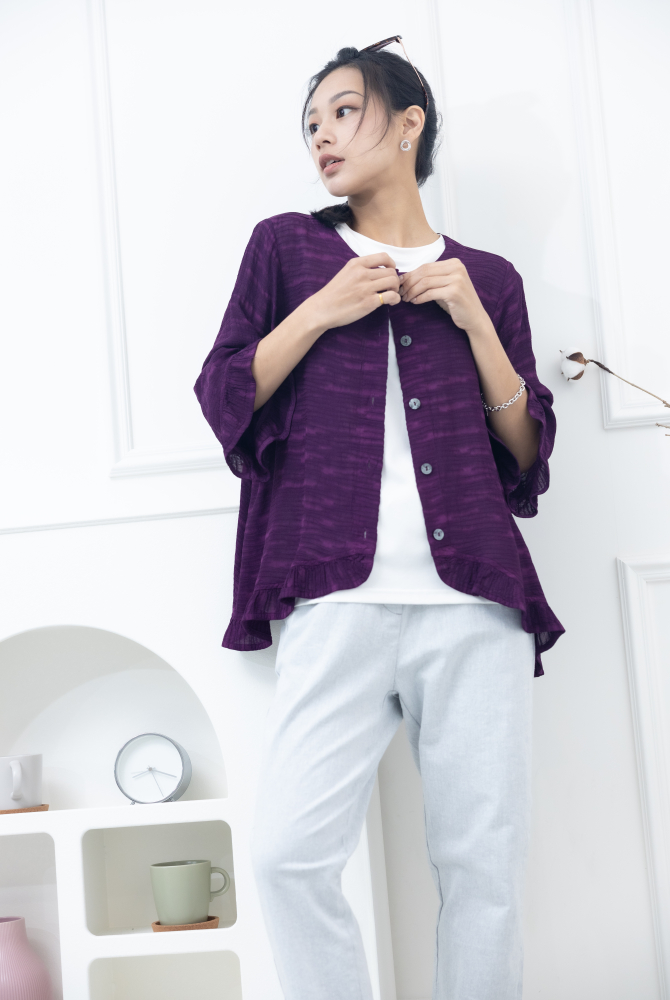 코트 不規則橫織暈染感七分荷葉袖外套 / 紫色