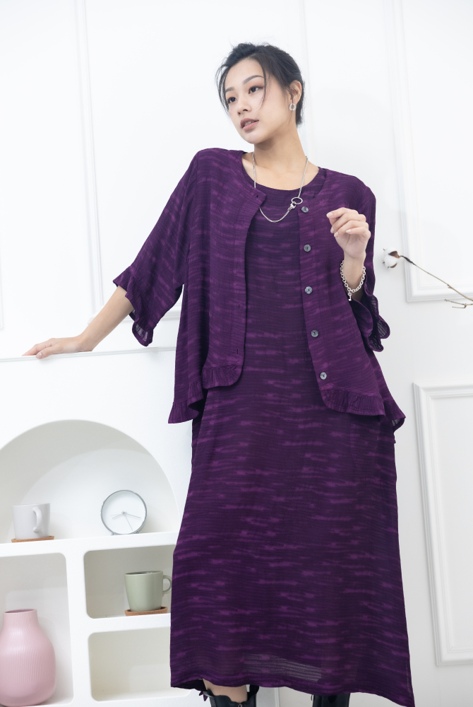 코트 不規則橫織暈染感七分荷葉袖外套 / 紫色