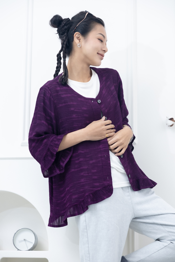 코트 不規則橫織暈染感七分荷葉袖外套 / 紫色
