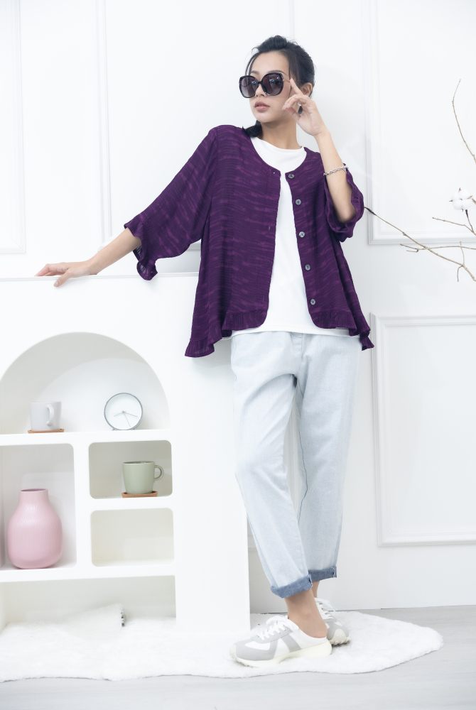 코트 不規則橫織暈染感七分荷葉袖外套 / 紫色