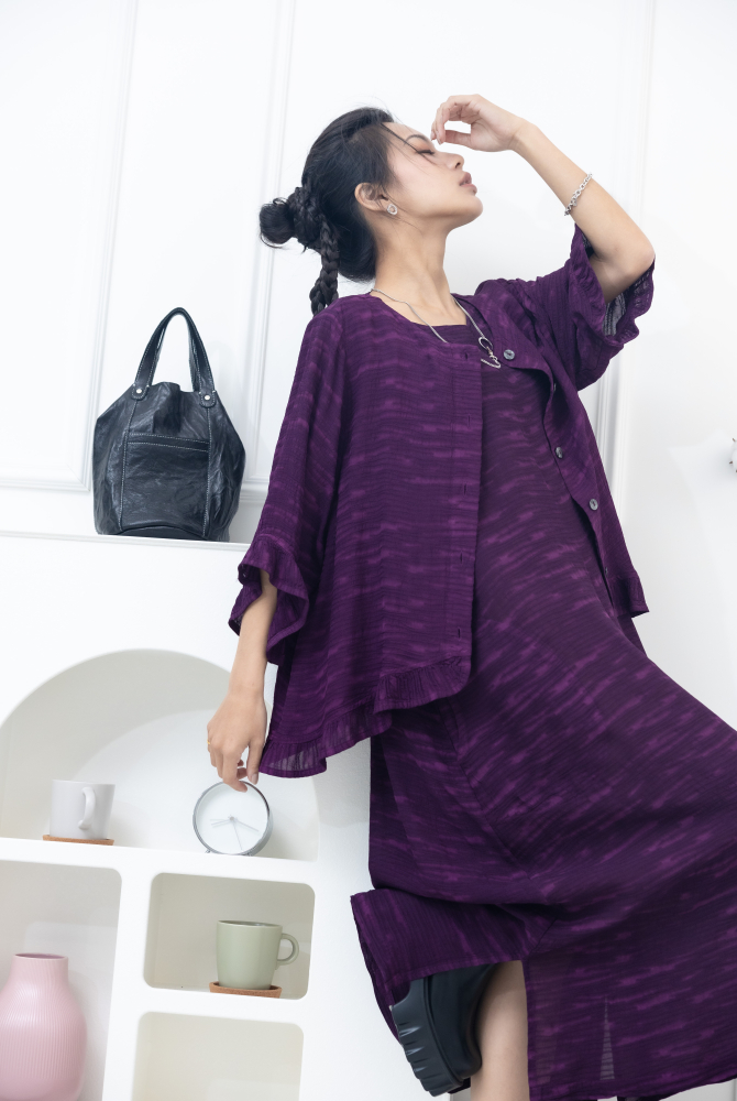 코트 不規則橫織暈染感七分荷葉袖外套 / 紫色