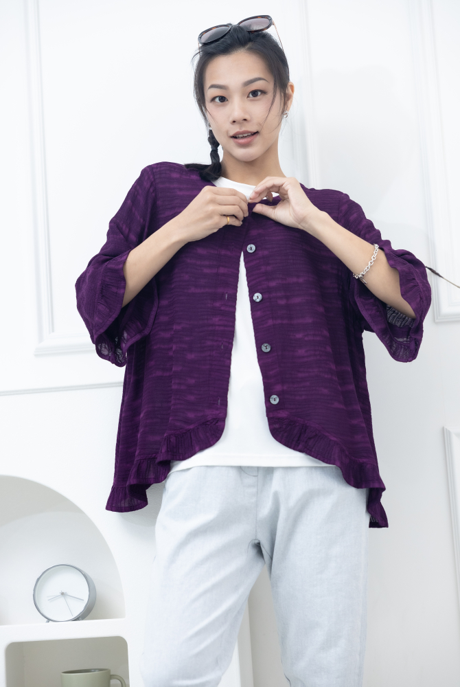 코트 不規則橫織暈染感七分荷葉袖外套 / 紫色