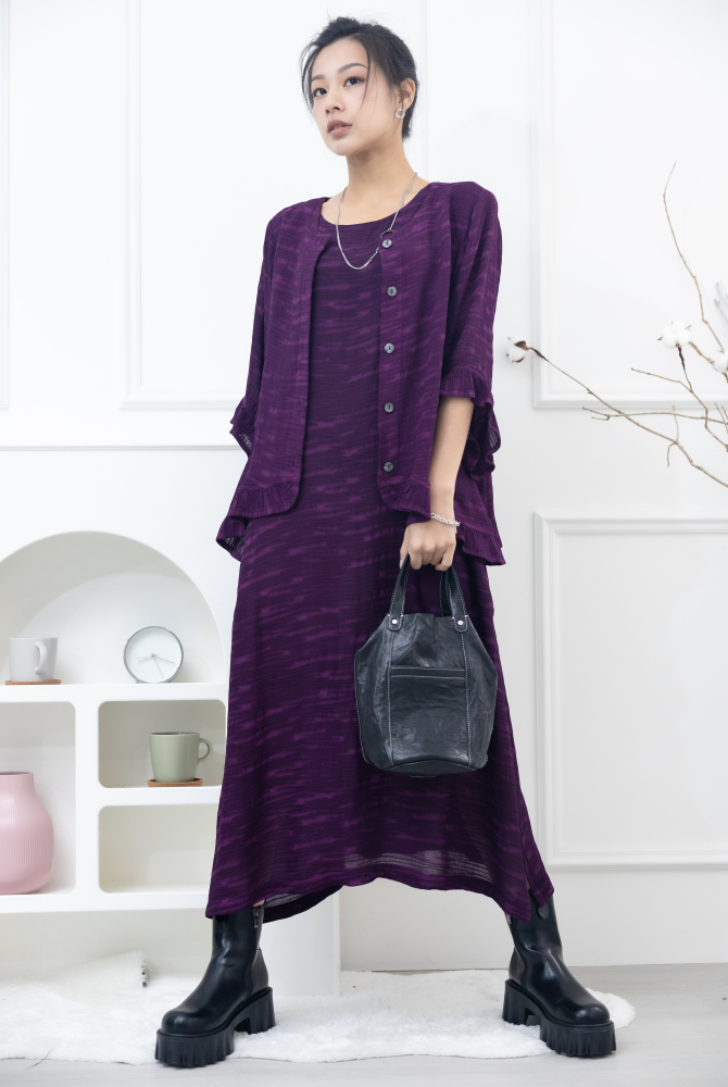 코트 不規則橫織暈染感七分荷葉袖外套 / 紫色