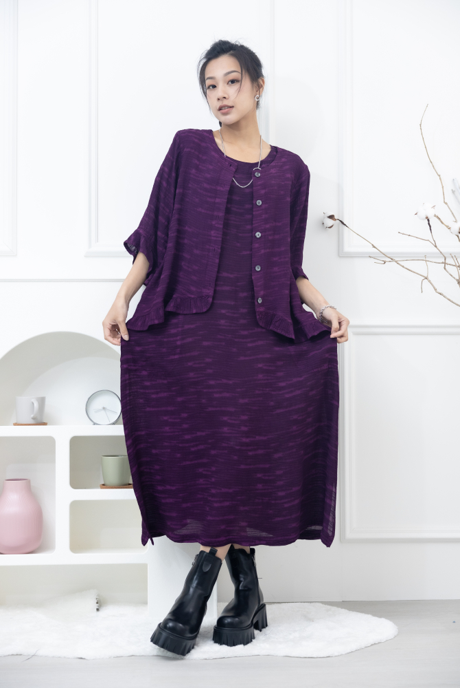 코트 不規則橫織暈染感七分荷葉袖外套 / 紫色