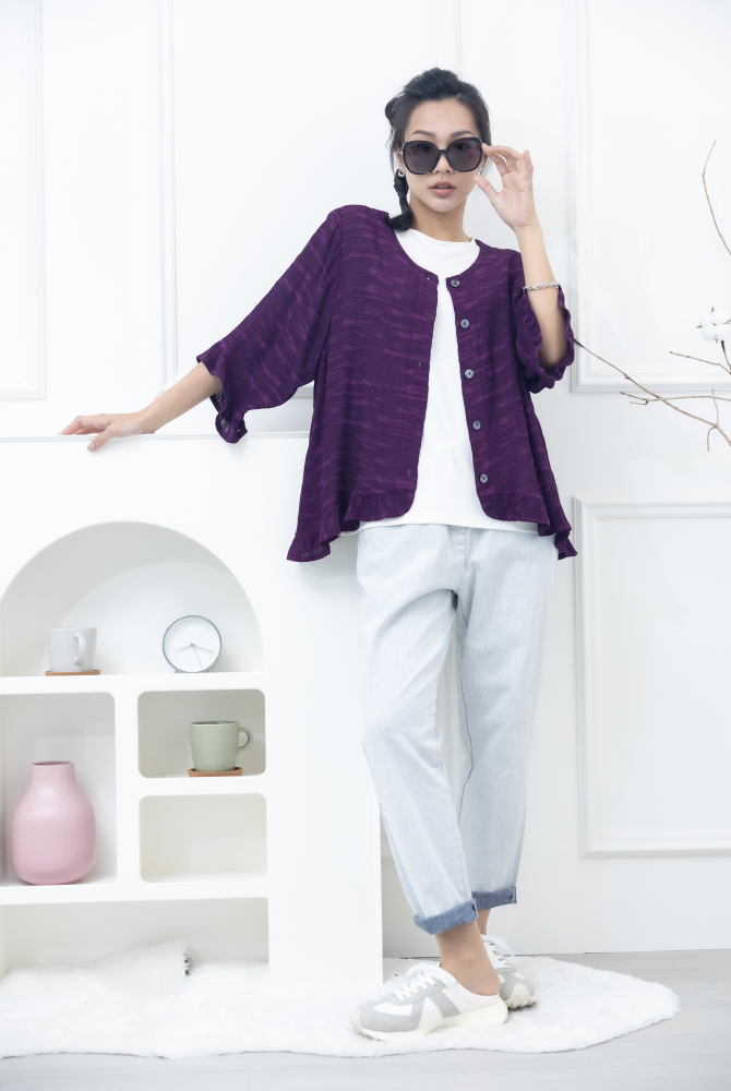 코트 不規則橫織暈染感七分荷葉袖外套 / 紫色