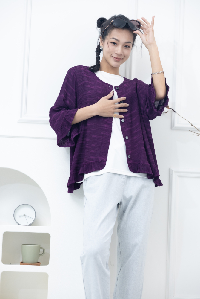 코트 不規則橫織暈染感七分荷葉袖外套 / 紫色