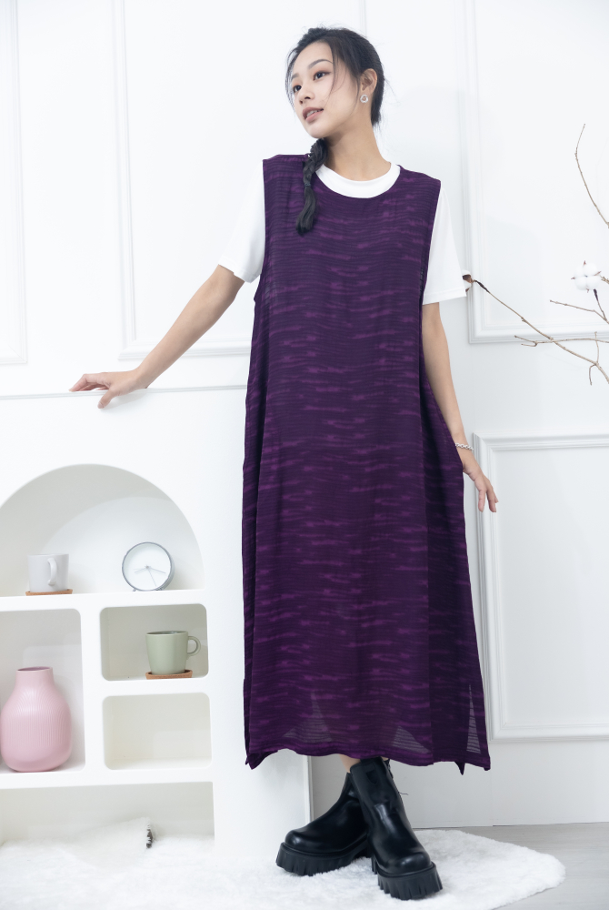 원피스 不規則橫織暈染感無袖洋裝 / 紫色