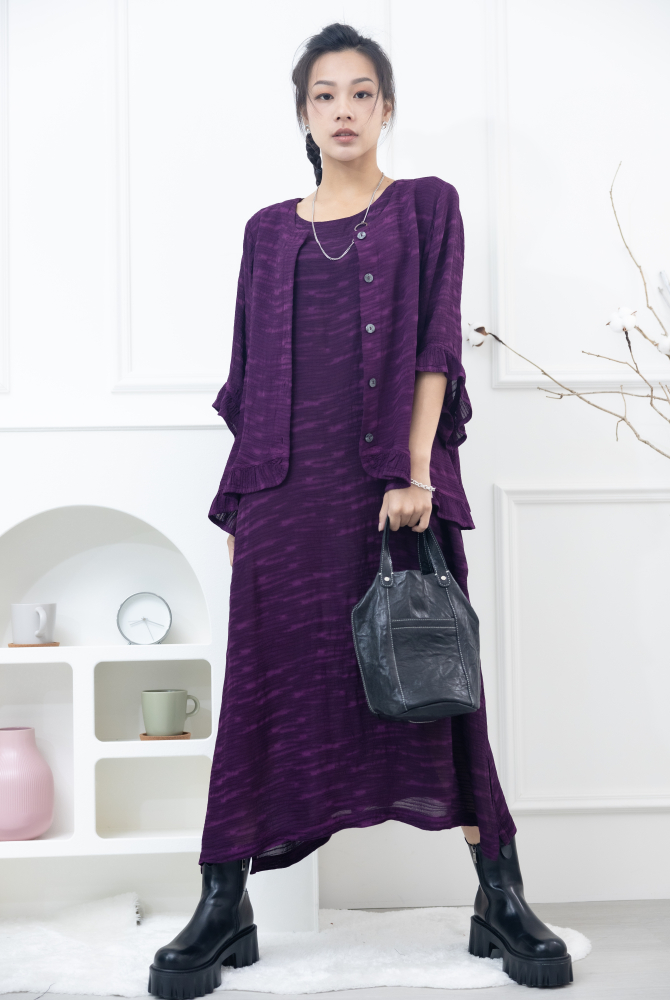 원피스 不規則橫織暈染感無袖洋裝 / 紫色