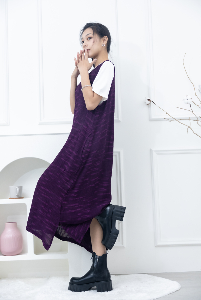 원피스 不規則橫織暈染感無袖洋裝 / 紫色