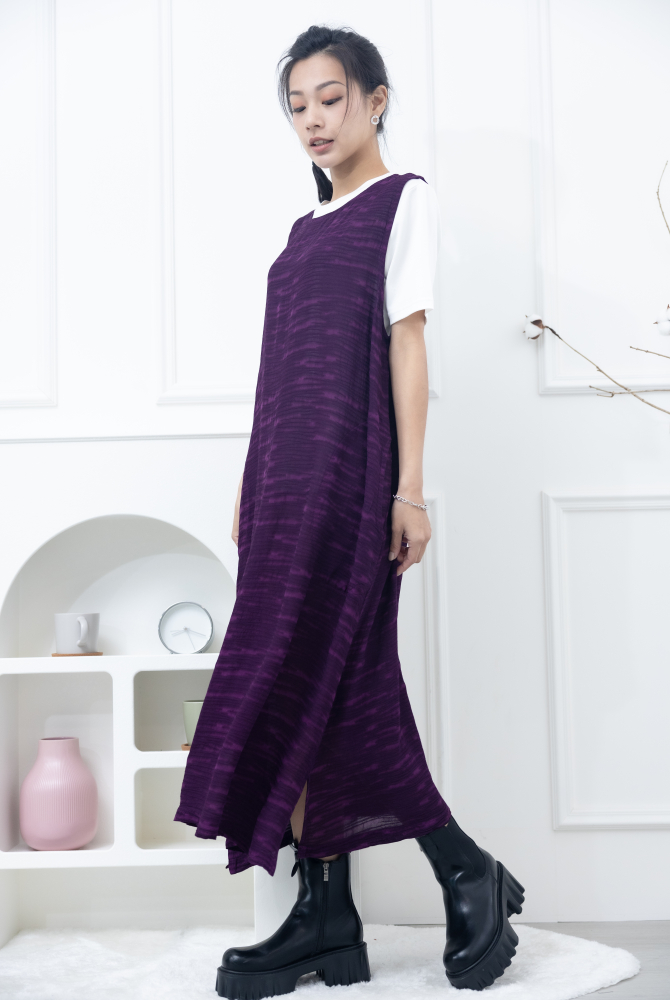 원피스 不規則橫織暈染感無袖洋裝 / 紫色