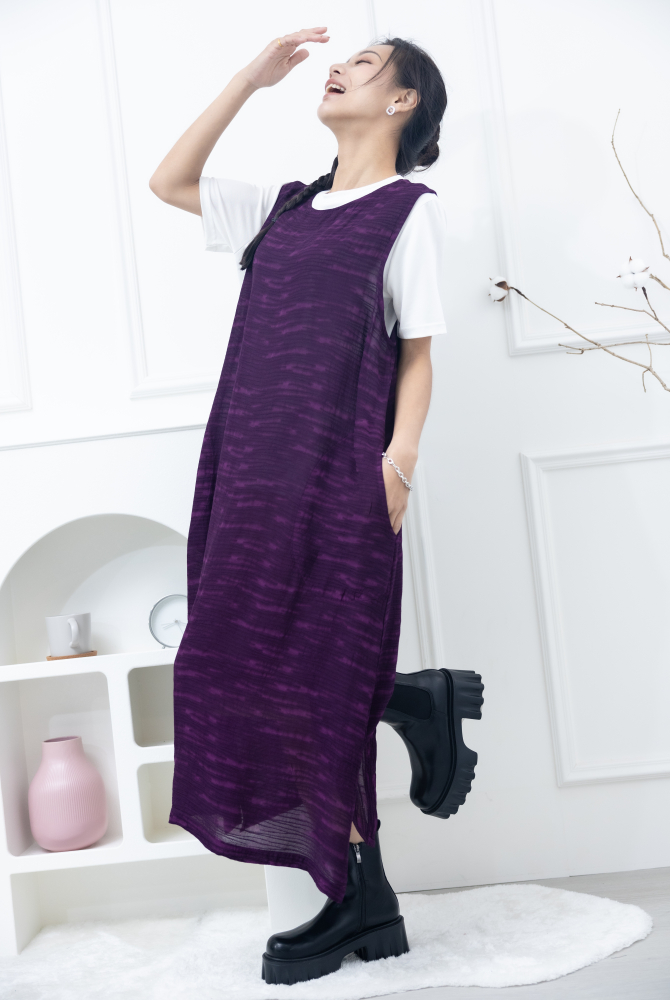 원피스 不規則橫織暈染感無袖洋裝 / 紫色