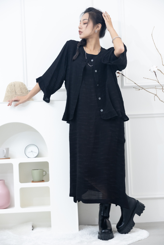 원피스 不規則橫織暈染感無袖洋裝 / 黑色